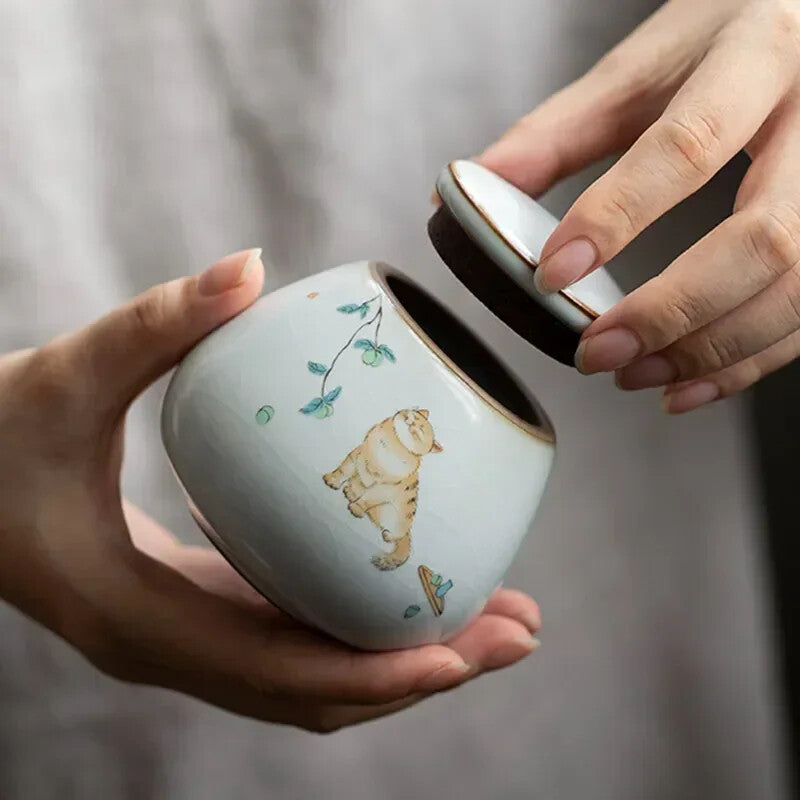 Chinese Ru Kiln Ceramics Tea Caddy Tea Leaf Container Travel Tea Bag Storage Box