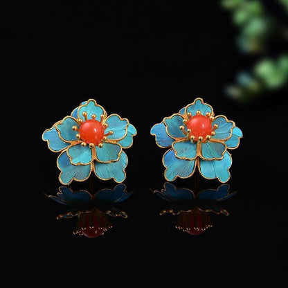 Handmade Cloisonne Peony Flower Stud Earrings Vintage Chinese Style Jewelry