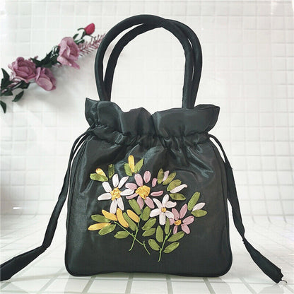 Women Ethnic Embroidered Floral Satin Handbag Girls Drawstring Tote Hanfu Bag