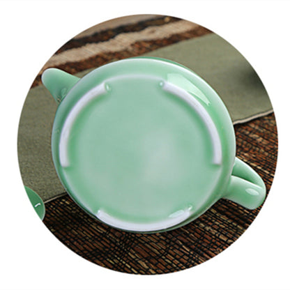 Tea Pot + Six Matching Tea Cups Green Porcelain Tea Set Fish Carved China Pots