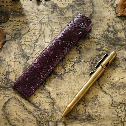 Portable Real Leather Pen Protector Bag Holder Pencil Case Handmade Carved Gifts
