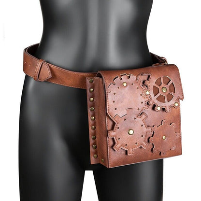 Women's Brown Leather Punk Rock Motorcycle Bag Waist Fanny Pack Crossbody Bags