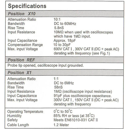Test Lead Assortment with X1 / X10 60MHz Scope Probe and Anti-Static Wrist Strap