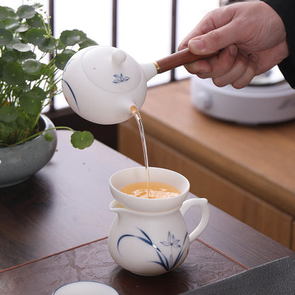 Boutique Fat Mutton Jade Porcelain Tea Set Hand Drawing Orchid Tea Pot Pitcher