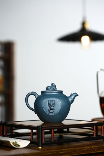 5.3"collect Chinese Yixing Zisha Pottery Celeste Clay 300ML Lion Head Teapot
