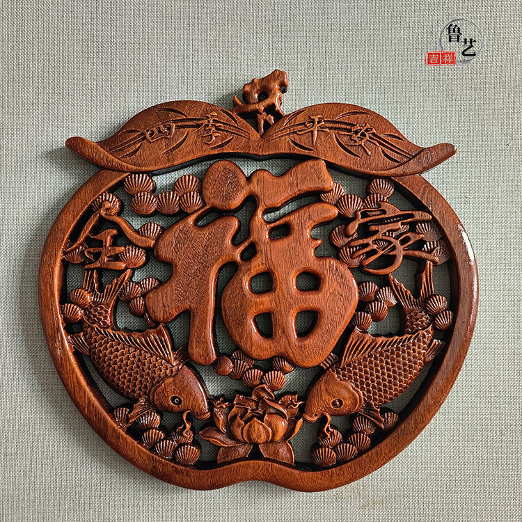 Chinese Hand Carved “苹果福” Statue Camphor Wood Round Apple Shaped Wall Sculpture