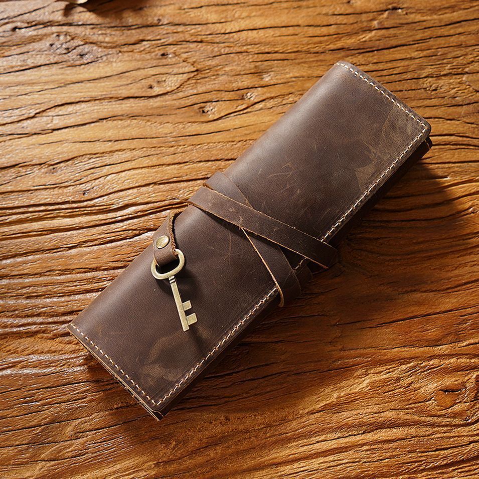 Pencil Case Genuine Leather Tie Rope W/Key Pen School Storage Bag Holder 20x18cm
