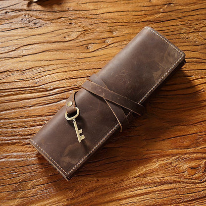 Pencil Case Genuine Leather Tie Rope W/Key Pen School Storage Bag Holder 20x18cm