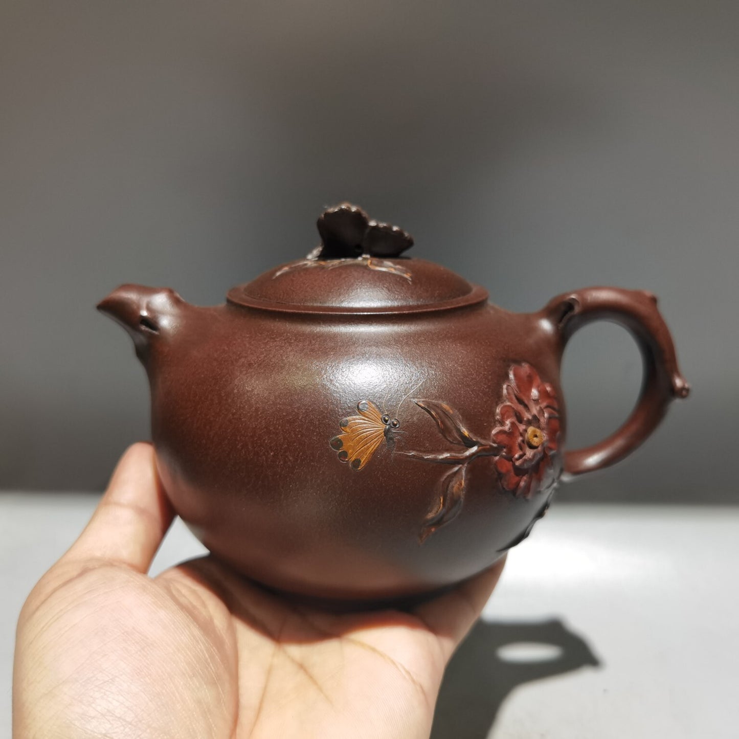 China Yixing Zisha Pottery Purple Clay 400CC Hand Made Tree Peony Flower Teapot