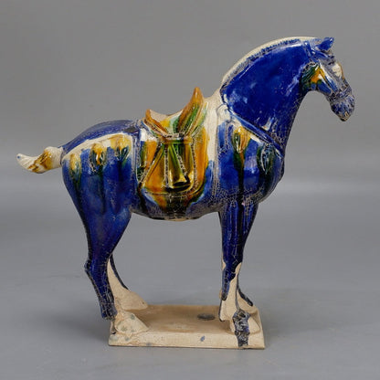 9" Chinese Old Tang Tri-Color Glazed Ceramics Blue War Horse Porcelain Statue