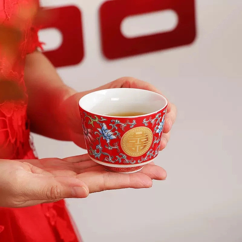 Traditional Chinese Enamel Colored Tea Cup Set Tea Pot Set Wedding Tea Cup