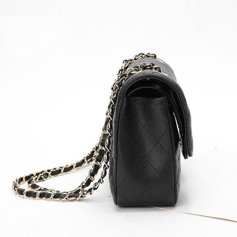 Quilted Real Leather Caviar Effect Double Flap Shoulder bag Handbag Purse Chains