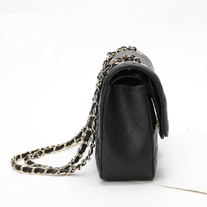 Quilted Real Leather Caviar Effect Double Flap Shoulder bag Handbag Purse Chains