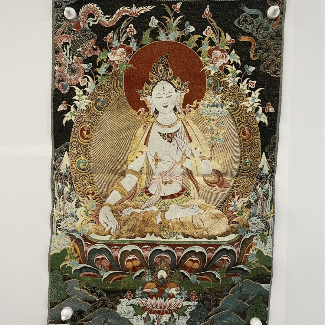 35" Decor Tibet Silk Cloth Embroidery White Tara Thangka Mural Tapestry Dragon