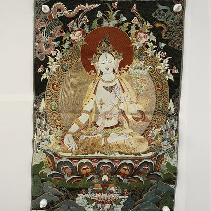35" Decor Tibet Silk Cloth Embroidery White Tara Thangka Mural Tapestry Dragon