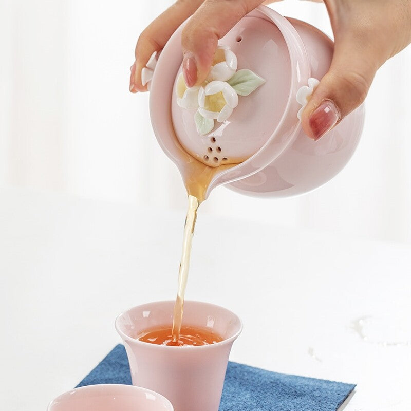 Chinese Tea Pot Matching Tea Cup Floral Handmade Relief Holiday Gift Ceramic Pot