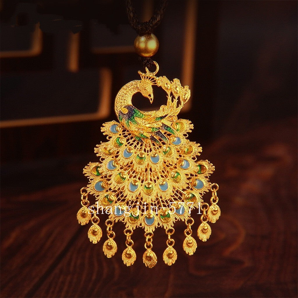 18K Gold Women's 3D Enamel Peacock GP Pendant+free Earrings