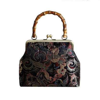 Bamboo Lock Shell Bag Vintage Flower Bag Chain Shoulder Crossbody Handmade Purse
