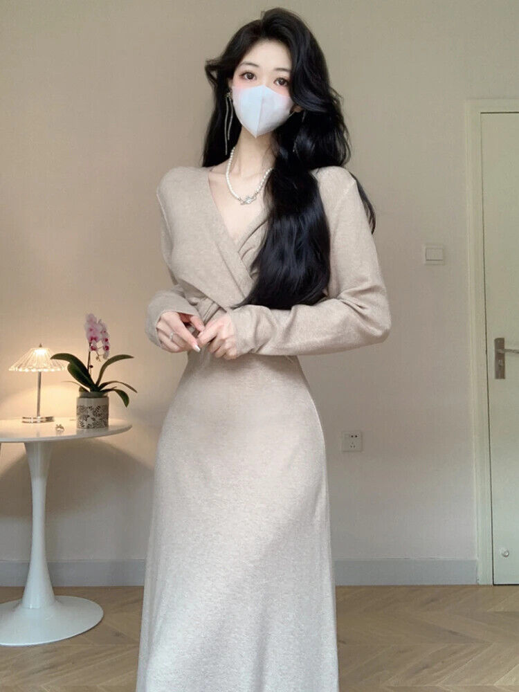 V-neck Sweater Dress Women Party Dresses Female Autumn Winter