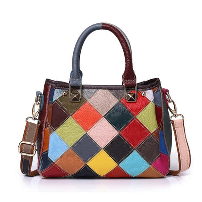 Designer Cow Leather Colorful random Patchwork Handbag Women's Tote Shoulder Bag