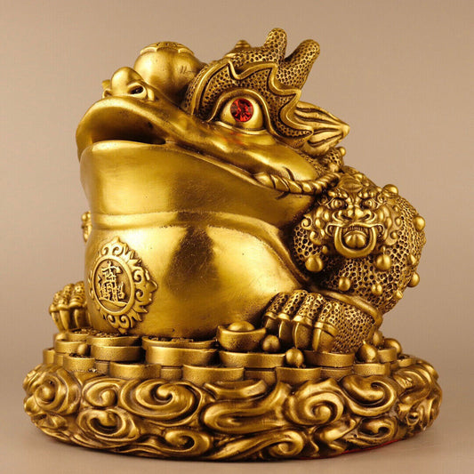 8" China Buddhism Temple Bronze Bicorn Ruyi Yuanbao Coin Toad Statue Ornament