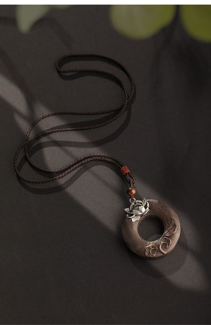 Vintage Sandalwood Lotus Safety Buckle Pendant Ethnic Sweater Chain