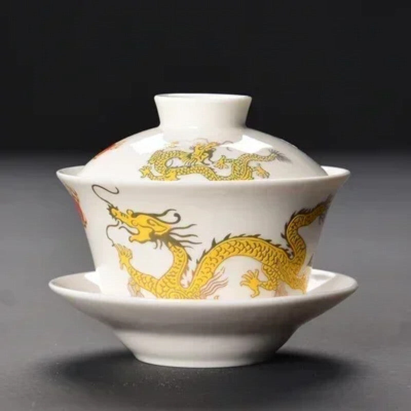 Longjing Sancai Tea Cup Retro Chinese Style Covered Bowl Large Dragon 200ml