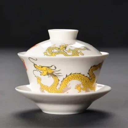 Longjing Sancai Tea Cup Retro Chinese Style Covered Bowl Large Dragon 200ml