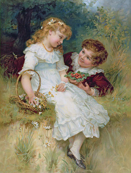Oil painting Frederick-Morgan-Childhood-Sweethearts children boy girl landscape