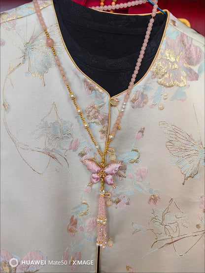 Brocade Butterfly Necklace Chinese Style Cheongsam Hanfu Pearl Chain Pendant