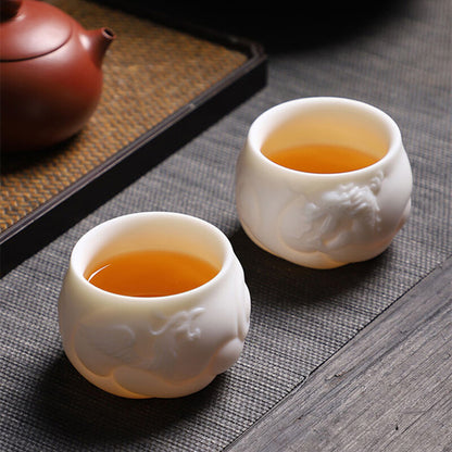 Handmade Teacup Dragon Engraved Carved Master Cup White China Personal Cup 100ml