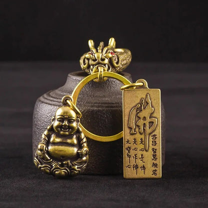 Solid Brass Smiling Maitreya Buddha Figures Tag Keychain Pendant Vintage Copper