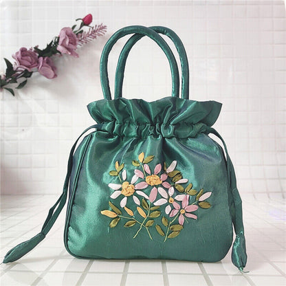 Women Ethnic Embroidered Floral Satin Handbag Girls Drawstring Tote Hanfu Bag