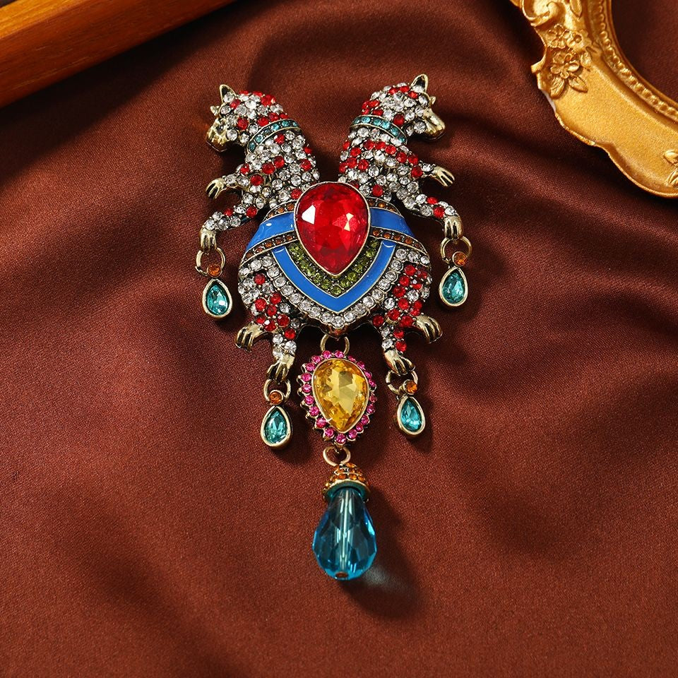 Vintage Double Leopard Brooch Set 2Pcs Crystal Tassel Suit Lapel Pin