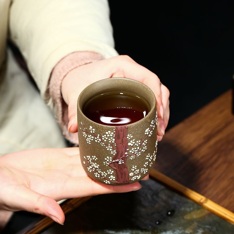 Wintersweet Relief Chinese Teacup True Yixing Zisha Purple Clay Marked Cup 200ml