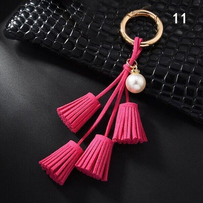 Women Leather Tassel Key Chain Charm Purse Key Fob Ring Handbag Pendant Ornament