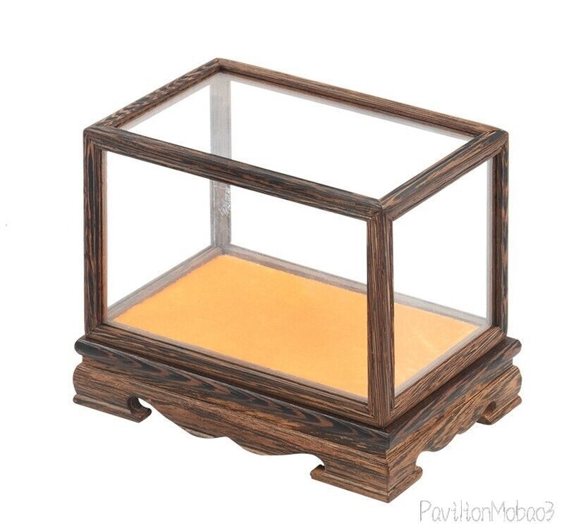Wenge Wood Rectangle Display Cover Wooden Trim Frame Base Glass Dome Case Box