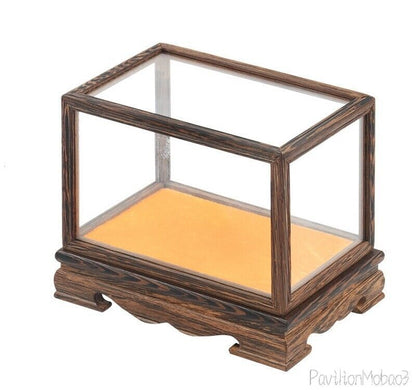 Wenge Wood Rectangle Display Cover Wooden Trim Frame Base Glass Dome Case Box