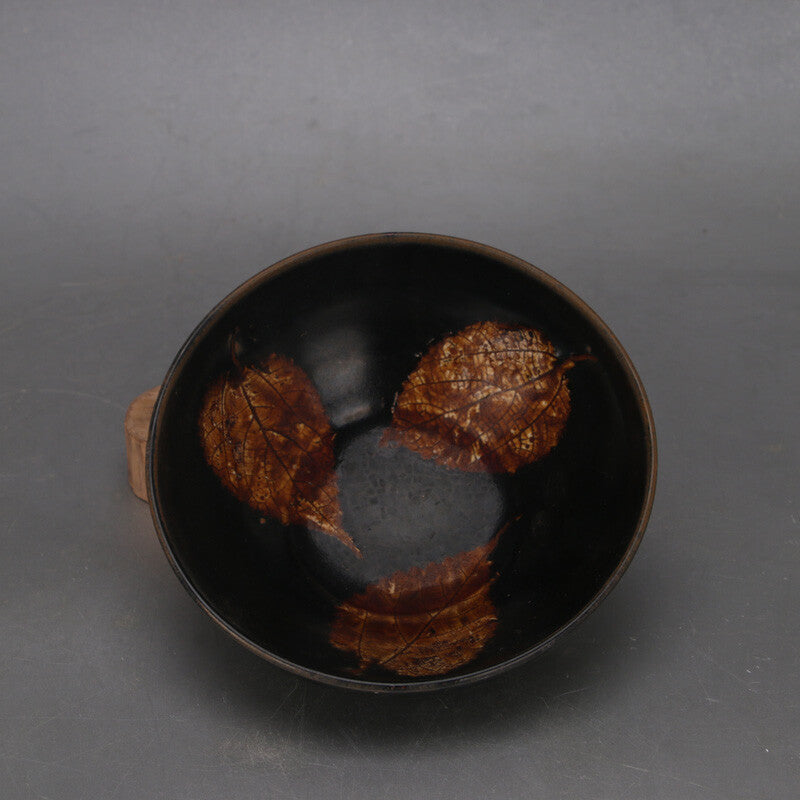 5.9" Collect Chinese Song Porcelain Jizhou Kiln Black Glaze Tree Leaf Bowl