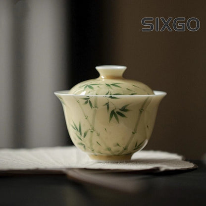 Hand Painted Bamboo Porcelain Yellow Gaiwan For Tea Tureen Teaware Cup Chinese