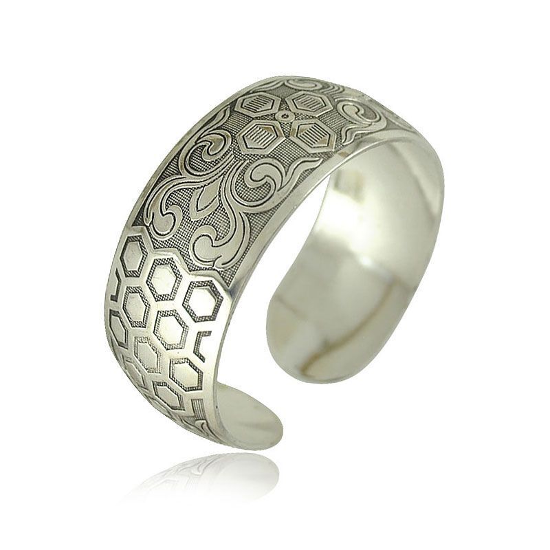 Women Fashion Bracelets Silver Plated Carved Flower Vintage Cuff Tibetan Bangles