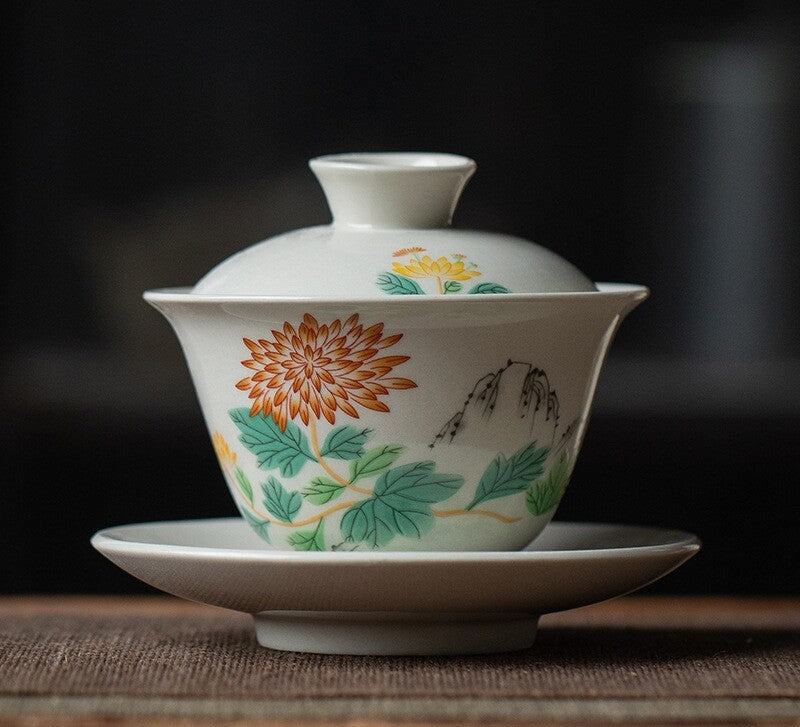 Chinese Porcelain Gaiwan Antique Zen Style Tureen Ceramic Covered Bowl Saucer