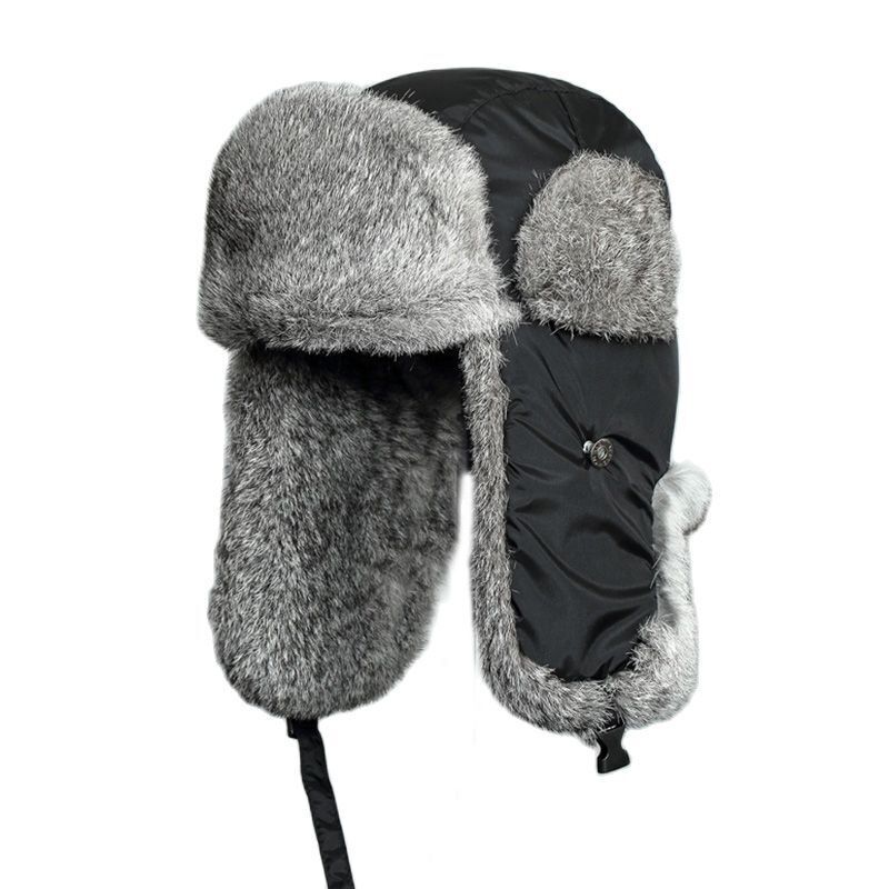 Men Bomber Hats Natural Real Rabbit Fur Outdoor Windproof Super Warm Cap 55-62cm