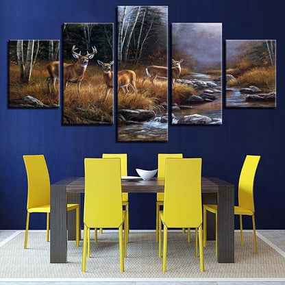 Deers Elks Forest Trees River Sunset Canvas Prints Painting Wall Art Decor 5PCS