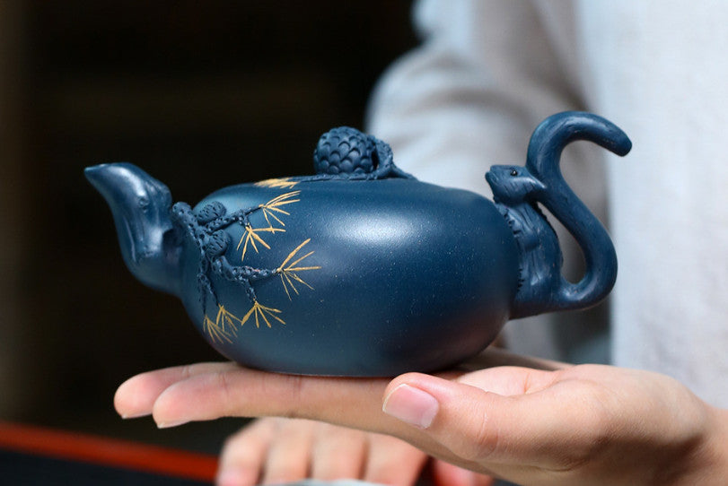 6.2" Chinese Yixing Zisha Pottery Celeste Clay 250CC Squirrel Grape Teapot