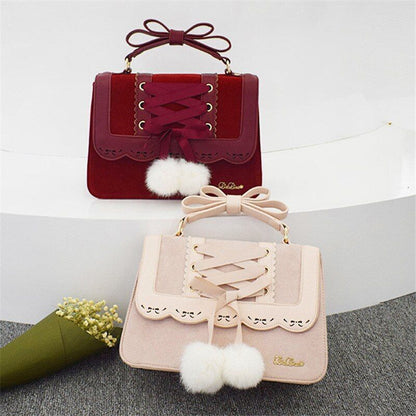 Cute Bow Shoulder Bag Red Handbag Polyester Leather Crossbody Purse 28*9*22.5 CM