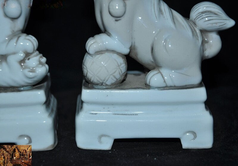 5" China Old Dehua White Porcelain Glaze Fu Foo Dog Lion Beast Statue Pair