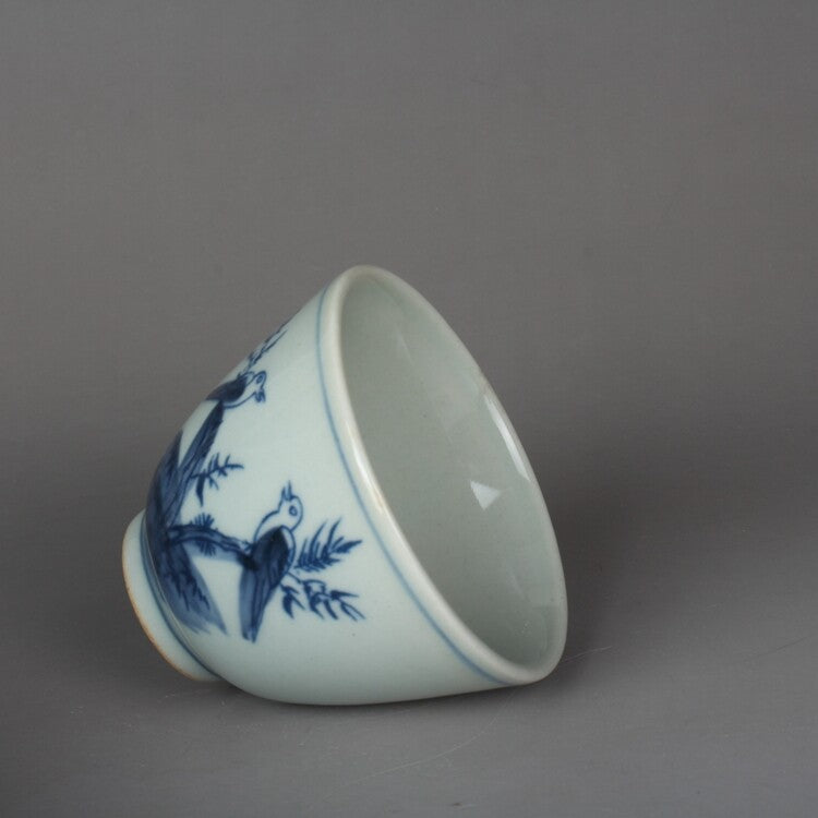 2.9" Chinese Jing De Zhen Blue and White Porcelain Flower Magpie Bird Teacup Cup