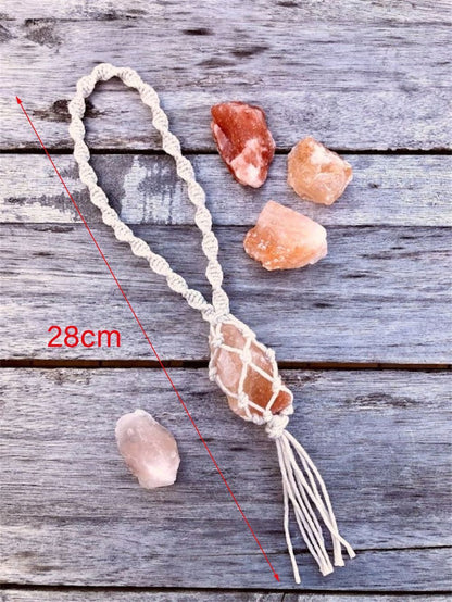 Macrame Wall Hanging Himalayan Salt Rock Raw Rose Quartz Stone Car Home Ornament