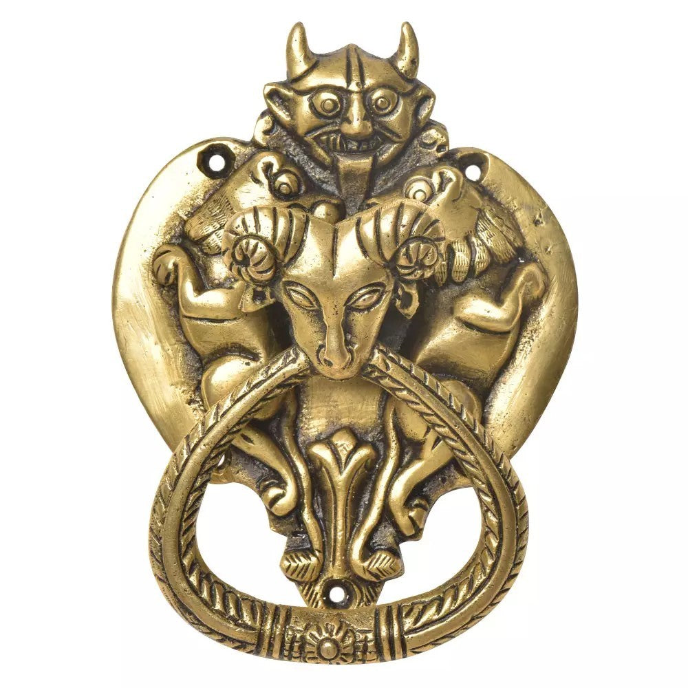 Antique Look Brass Demon Two Lions Ram Head Door KnockerDoor Bell